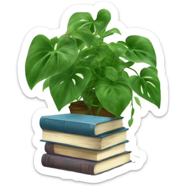 Pothos plant on a shelf with heaps of full vines of leaves hanging down. On the shelf next to it is a pile of 3 books that are cute  sticker