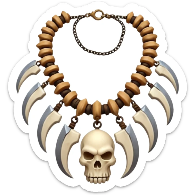 barbarian necklace object icon, necklace made of bones and fangs, rugged tribal jewelry, 3D cartoon, mobile game icon style, centered, clean background, no text, no watermark sticker