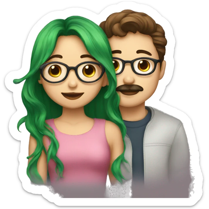 A boy with brown hair and a mustache is kissing a green haired girl wearing glasses sticker