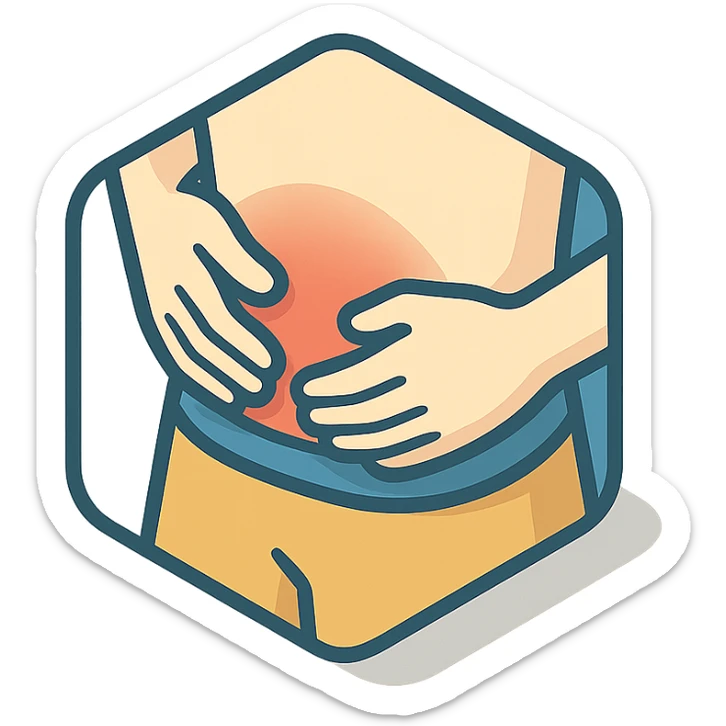 extreme close-up of a person's stomach with both hands pressing on it, showing pain, only the stomach and hands, no face, 2D isometric illustration style sticker