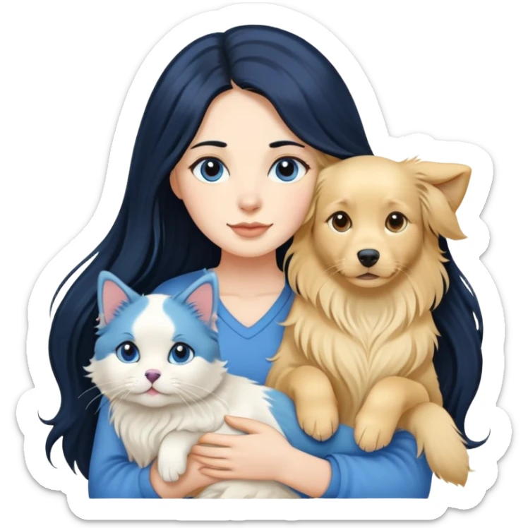 Woman with long black hair holding a blue and white long-haired cat and a golden retriever dog sticker