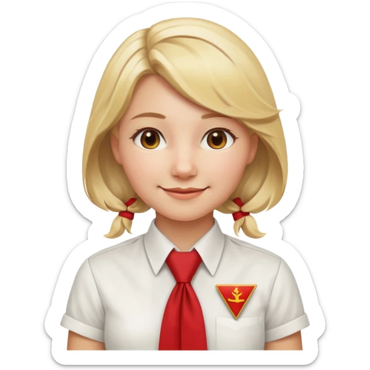 A Soviet pioneer girl emoji — smiling young girl wearing a white shirt and a bright red pioneer necktie tied in a loose triangle knot with wide ends (not a formal tie). No hat or headwear. Blonde hair, friendly face, flat minimal emoji style, Apple emoji aesthetic, clean outlines and soft shading. sticker