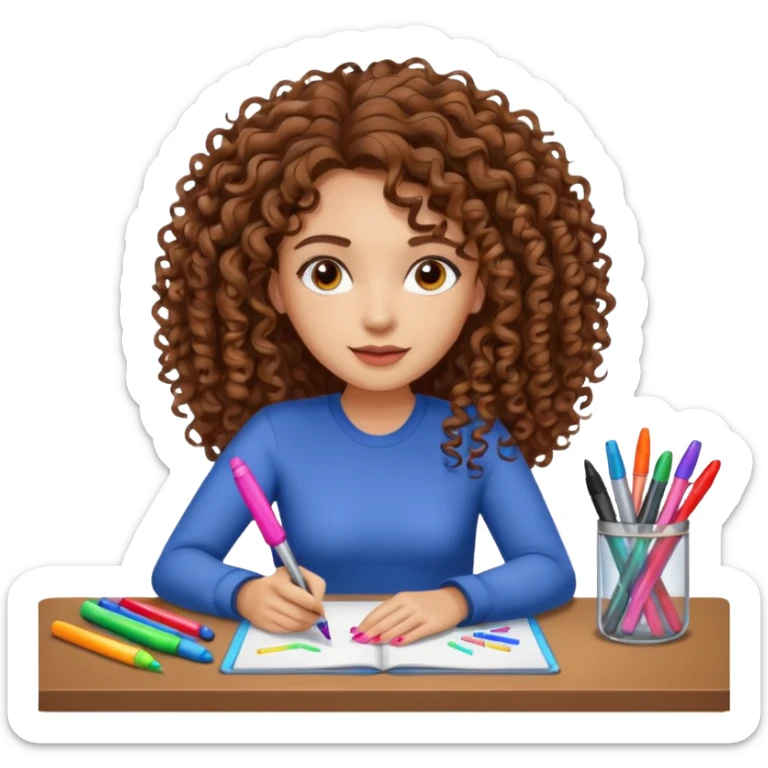A women curly hair long and light skin with markers on her desk sticker