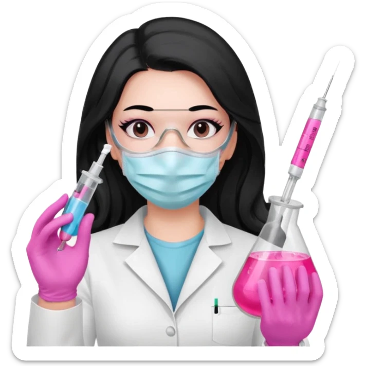 laboratorista con guantes rosa y mascarilla rosa  jeringa tubo laboratorio sin lentes  y  ojos negros cabello largo negro ojos negros sticker