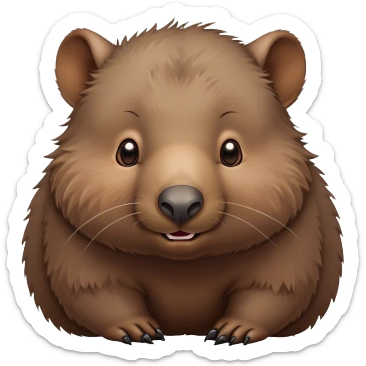 Cinematic Cute Wombat Portrait Emoji, Head tilted playfully and inquisitively, featuring a fluffy, shaggy brown fur with a round, endearing face and twinkling eyes full of gentle curiosity, Simplified yet irresistibly adorable features, highly detailed, glowing with a warm, friendly glow, high shine, affectionate and chubby, stylized with a touch of bushland whimsy, bright and endearing, soft glowing outline, capturing the essence of a mischievous yet loving wombat, so playful it feels like it could trundle out of the screen into your arms! sticker