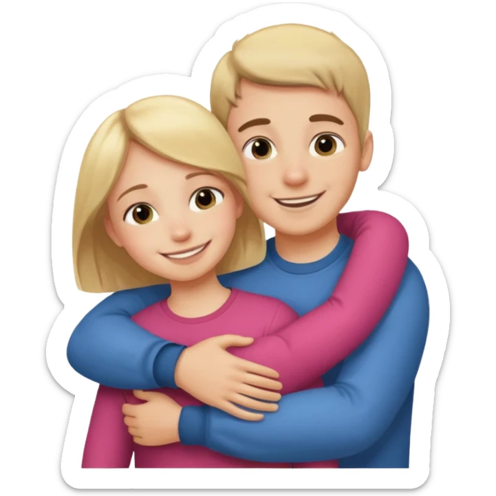 Un homme fait un câlin à sa sœur. Au dessus d’eux il y a le texte ´Gros câlin’ sticker