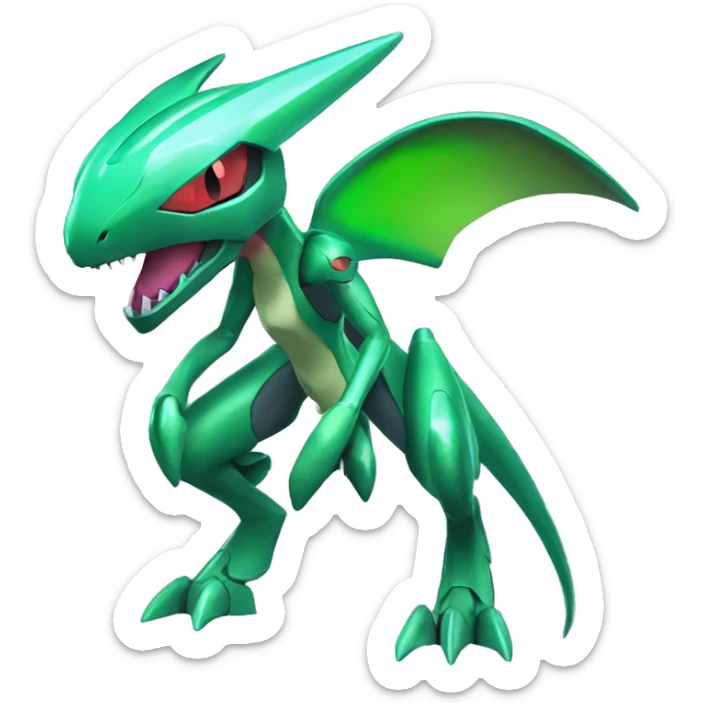 a shiny green Genesect-Flygon-Raptor-Fakémon—hybrid with a futuristic visor-helmet full body sticker