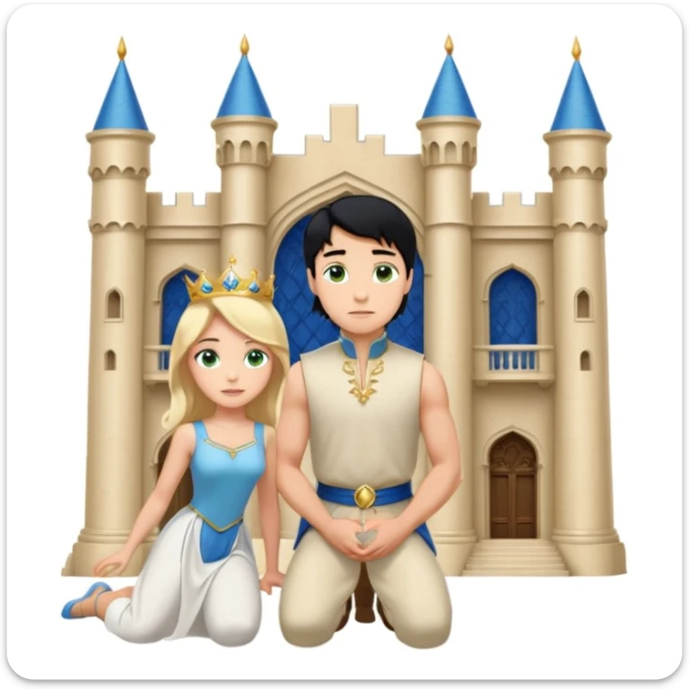 Man as prince, upright, black Hair, blue eyes, woman, blonde, green eyes, shott white sleveless Dress, kneeling, background palace sticker