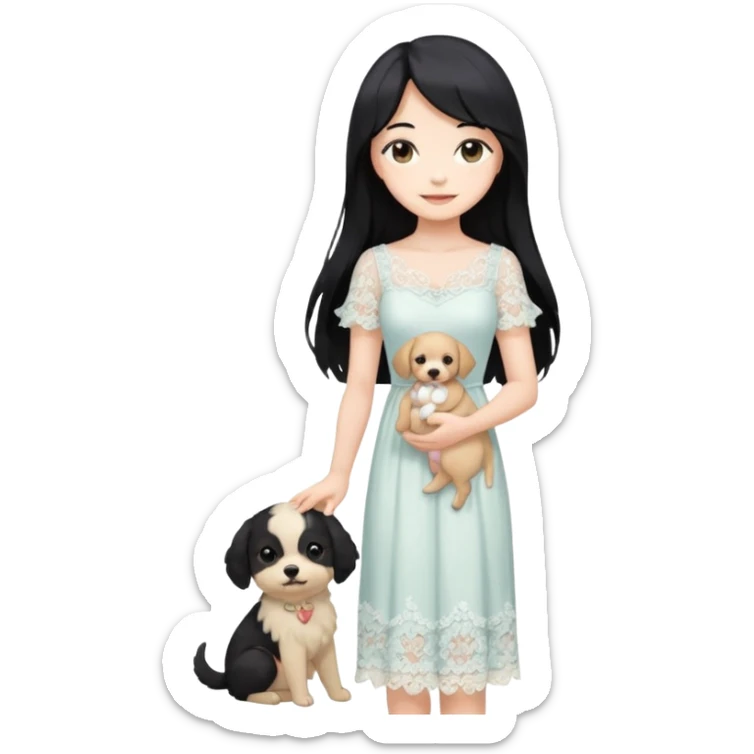 Pastel anime lady long hair with long lace dress full body holding puppy sticker