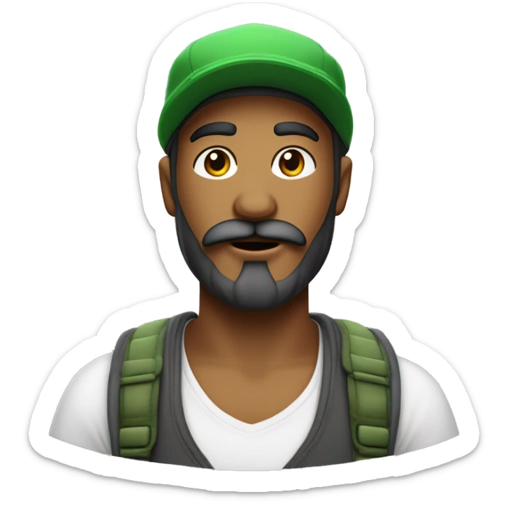 Créer un jeune homme métisse avec une barbe et une moustache et des favoris  avec une casquette verte et un t shirt blanc sticker