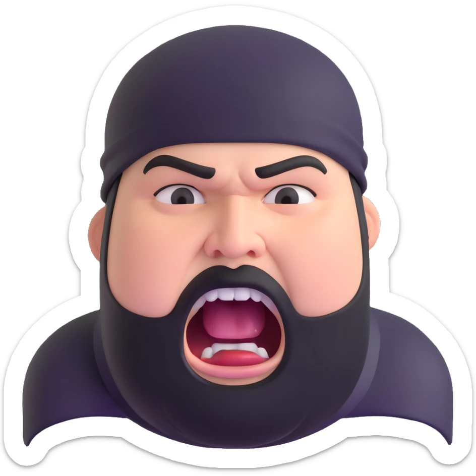 Super extreme tight close-up of just the face of morbidly obese white skin guy with young face, prominent BLACK DURAG tied clearly on head, black beard but no mustache, clean shaven upper lip, black eyes, mouth wide open screaming angrily sticker