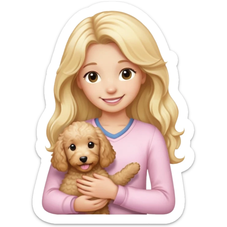 girl with long blonde hair smiling wearing light pink holding goldendoodle sticker
