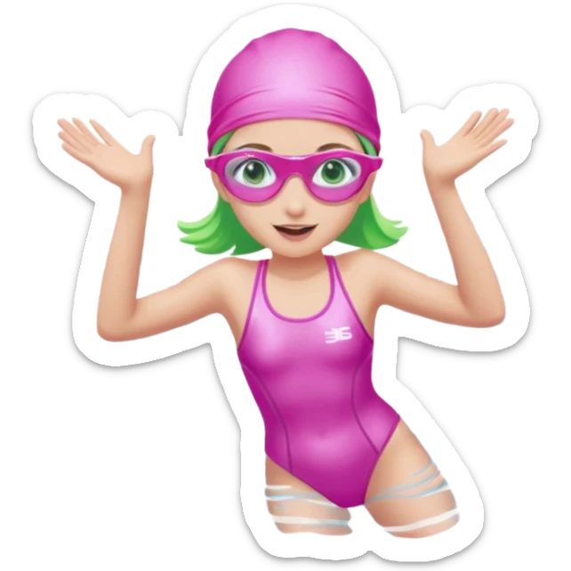 pretty girl with green eyes pink swim cap holographic swimming glasses and cute profesional swimmer pink swimsuit jumping in water sticker