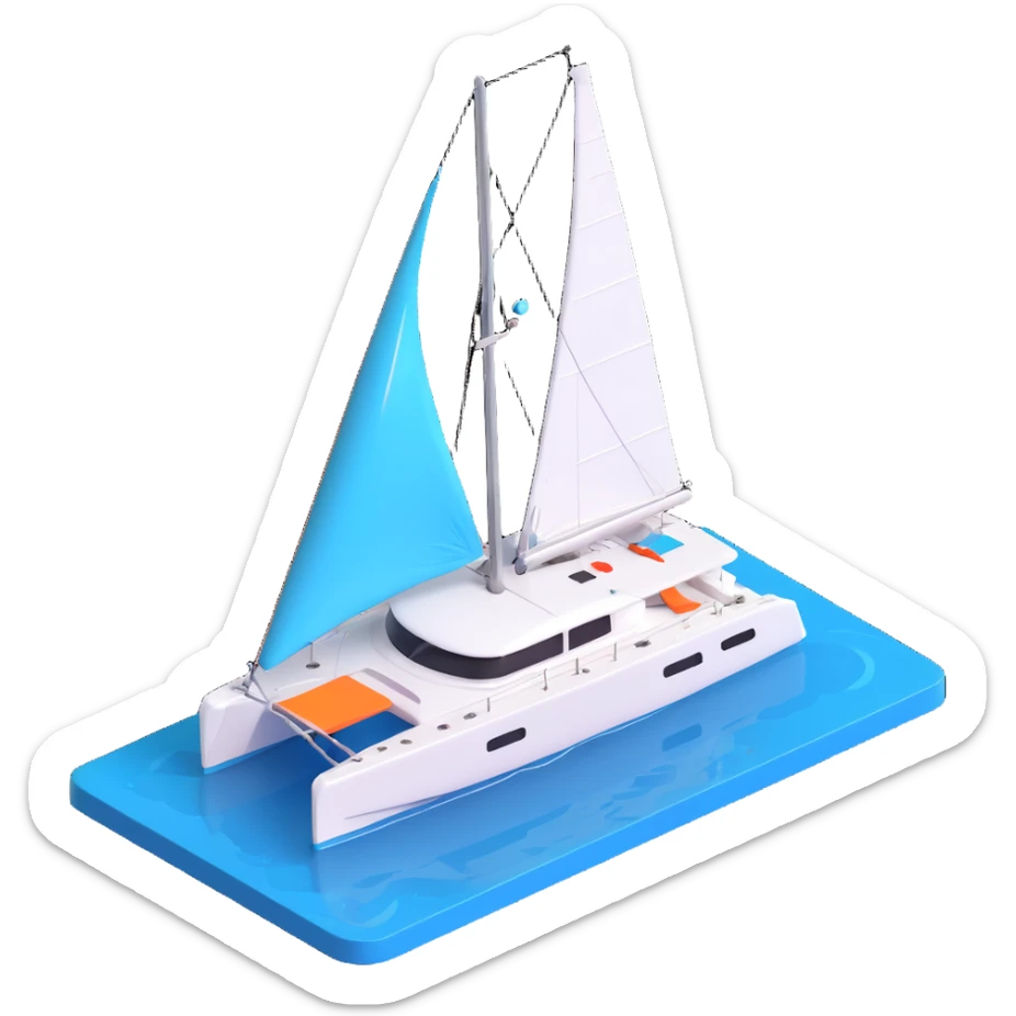 a lagoon 42 catamaran with no wording on the boat and an i message chat bubble icon coming out the top of the boat  sticker