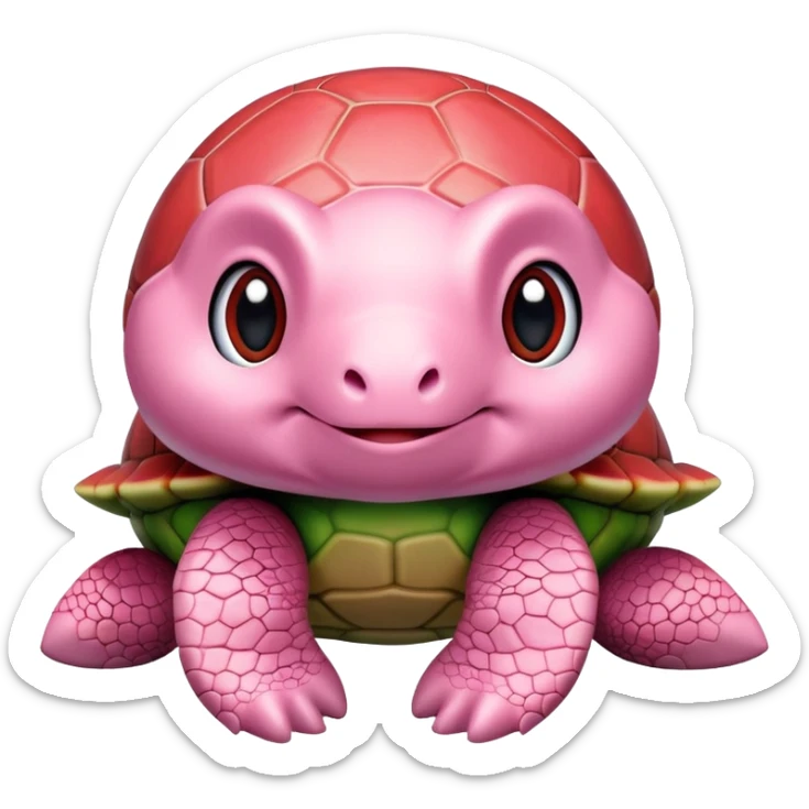 cute plushie turtle with light pink skin, round head, and red shell, smooth skin texture sticker