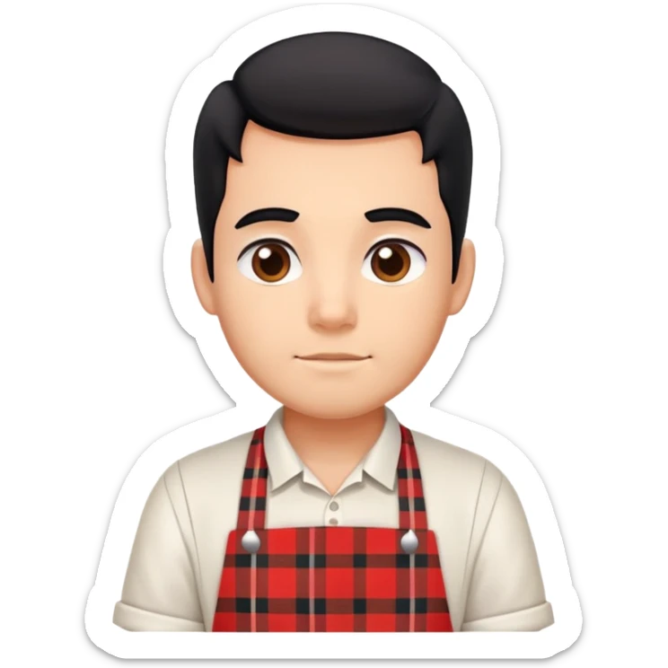 big boy with black hair all up, wearing a white and red plaid apron sticker