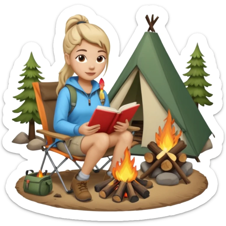 A pony tail hair woman journaling on a camping chair, enjoying the quiet nature scene beside a campfire sticker