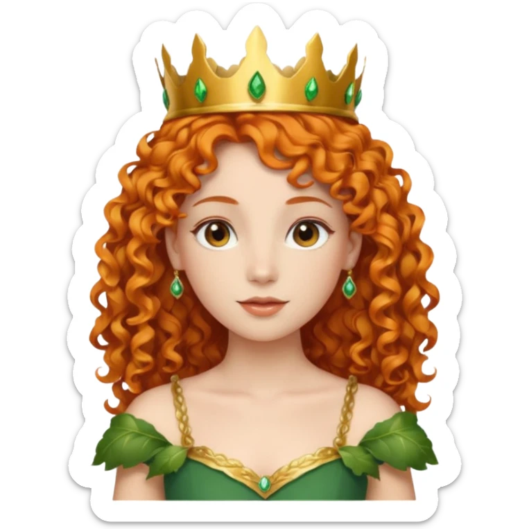 orange curly hair beautiful princess full body in leafy green dress elegant sticker