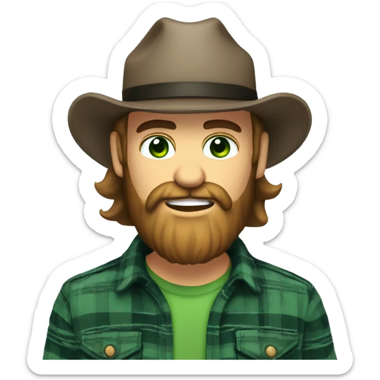 Long Bearded man with trucker cap and flannel shirt and green eyes, who is in to American country music sticker