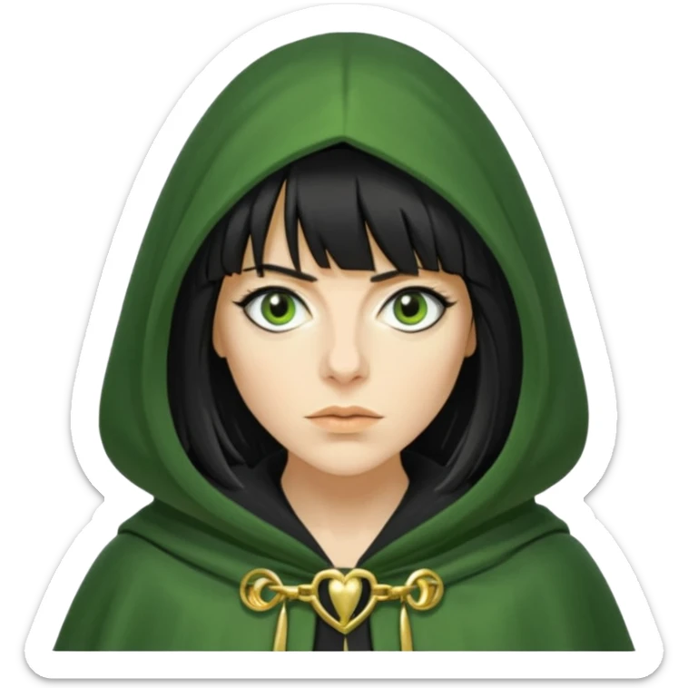 claudia winkleman with a heavy fringe as a traitor with a green hooded cloak with a gold clasp and dark black eyeliner sticker