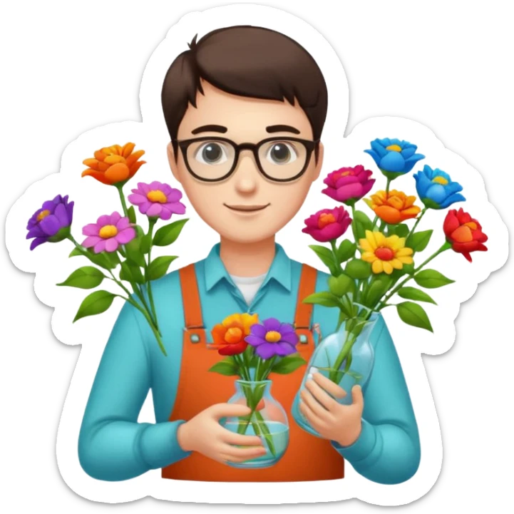 Young male florist – wearing glasses, arranging flowers in a vase. sticker