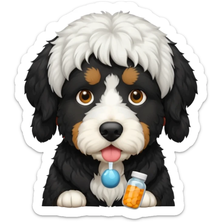 A Bernedoodle black dog with white hair around nose eating Advil pills  sticker