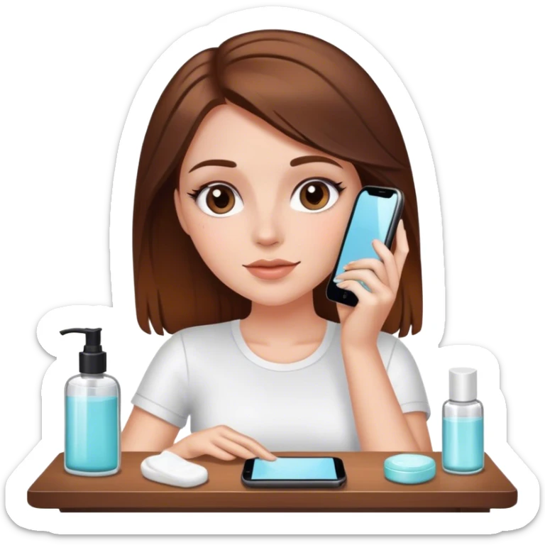 Brown hair, white  girl glass skin skincare on using phone cai sticker