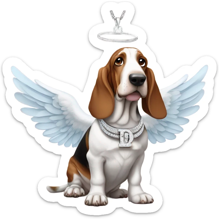 Elderly Basset hound with angel wings, wearing a large letter D bling necklace sat in a mead sticker