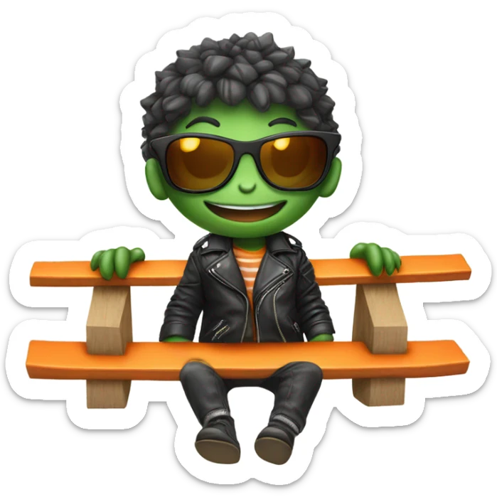 A close up of a baby crocodile on a seesaw wearing a black leather jacket and orange sunglasses  sticker