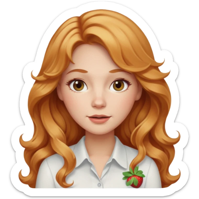 white adult woman with strawberry blonde super long wavy hair, white shirt, blushed cheeks sticker