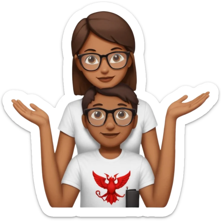 A light brown girl with nerdy glasses with white t-shirt sitting on a shoulder of a standing man with brown skin and t-shirt written Lucifer sticker