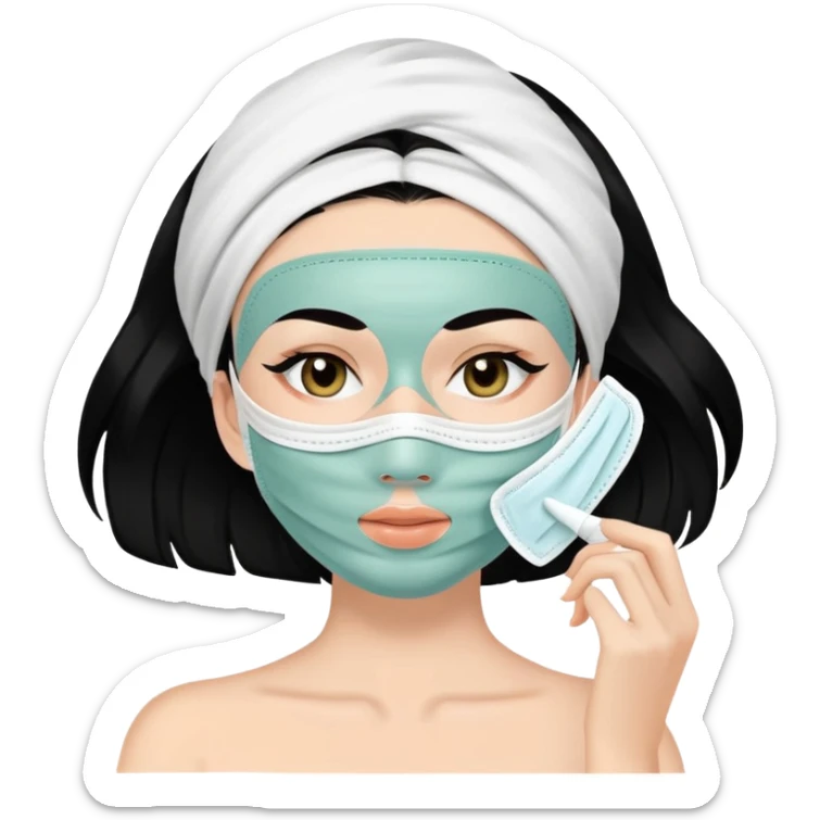 white girl with black hair doing self care, face mask, relaxing sticker
