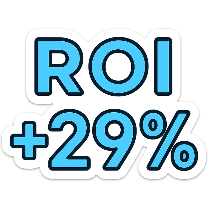 text 'ROI +29%' in bold font, bright cyan blue color, lineal color icon style with black outlines sticker