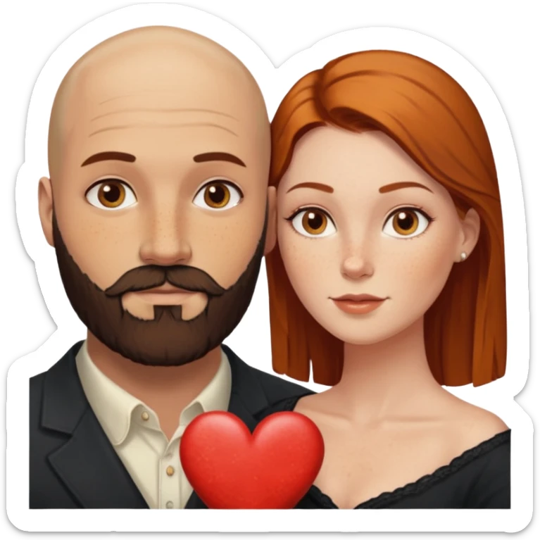 Couple. Bald man with dark brown-black beard. White woman with many small, faded freckles, white skin and she has auburn-yellow-brown-caramel, dark hair. She has light orange-brown eyes. The man have hazel eyes. They are inside one big heart. Retro style. sticker