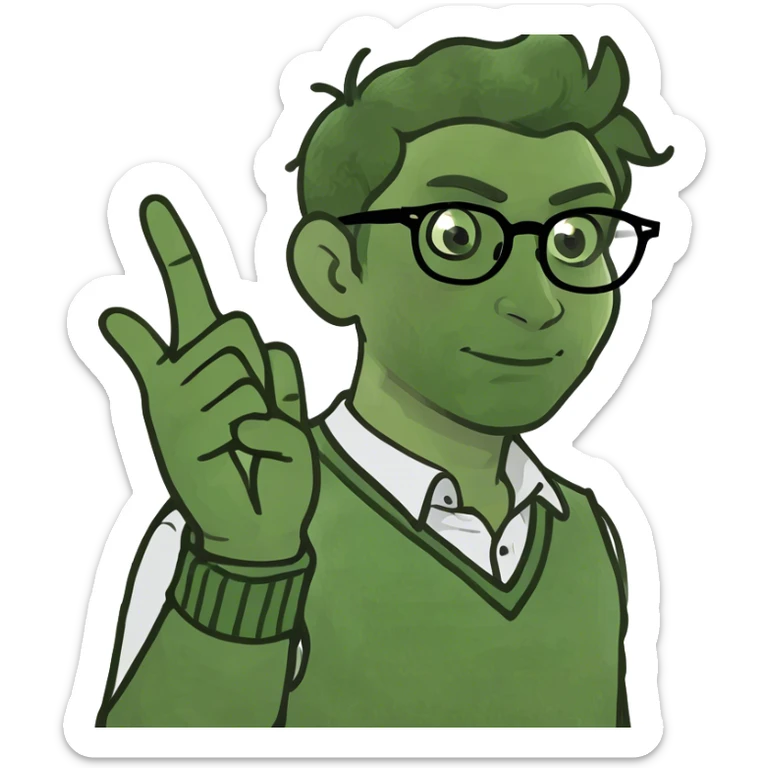 A man with nerdy glasses and a sweater vest holding up one finger sticker