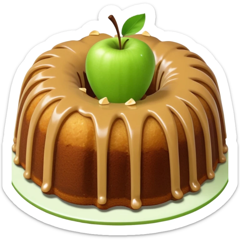 Bundt cake with sliced green apple pieces and tan sauce on top of the cake sticker