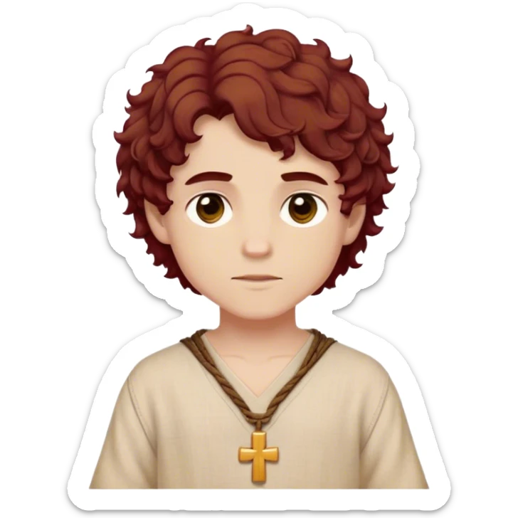 Medieval spring outfit worn by a DnD themed fantasy male character. Warm beige linen tunic with burgundy cross-stitching at the shoulders, tied with a soft suede cord. Clothes only above the waist, full waist coverage. The character has no arms. Character is white-skinned with rich mahogany hair, golden hazel eyes, and short curly hair with defined spirals. sticker