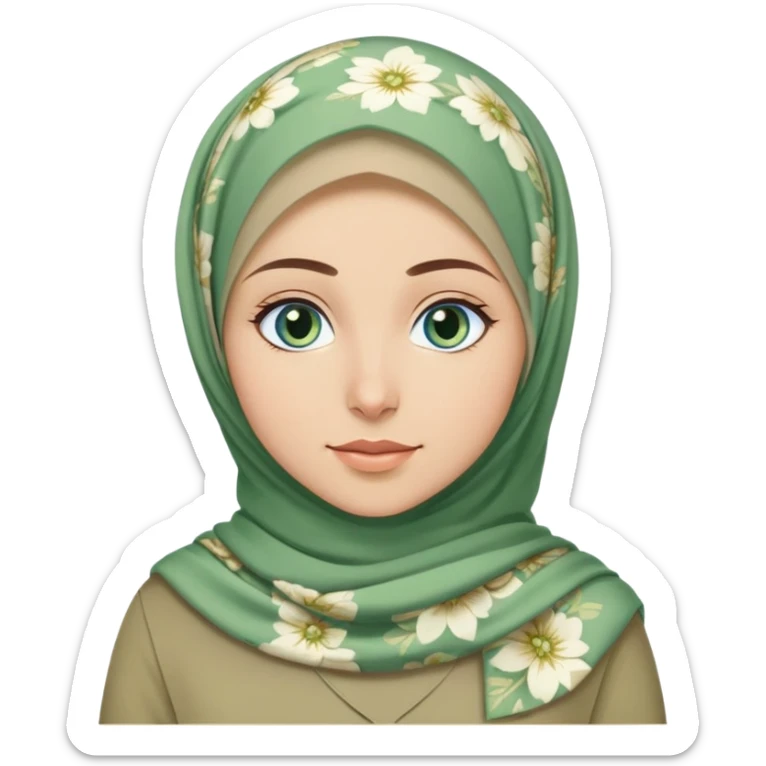 Turkish beautiful finish Konya girl blue eyes and green khaki hijab and light green floral dress and she go out from office sticker