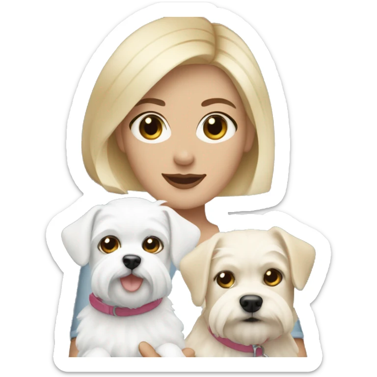 Blonde woman short hair with blue eyes holding two Maltese dogs sticker