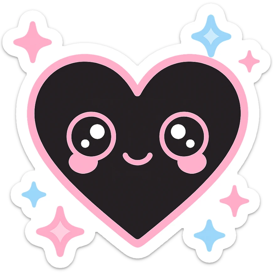 kawaii style magical gothic heart, smiling face, black and pink colors, surrounded by sparkles and stars, sweet and bold sticker