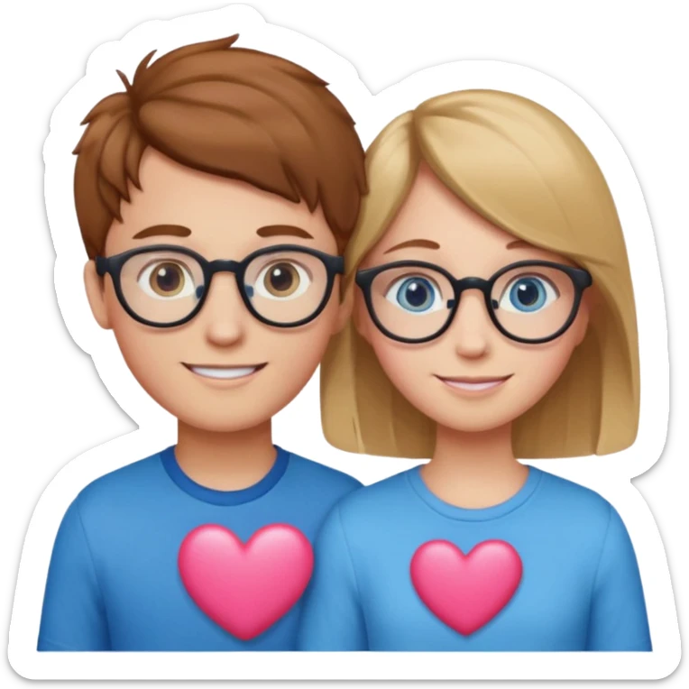 two young lovers, a pink heart in the middle, boy with chestnut hair and glasses, girl blonde with blue eyes without glasses, emoji style sticker