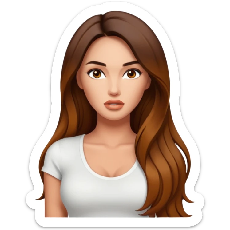 Megan fox, fashion model Beautiful woman model adult   large breasts  with monolid narrow eyes tan Carmel  skin, full lips  long hair model white  top   sticker