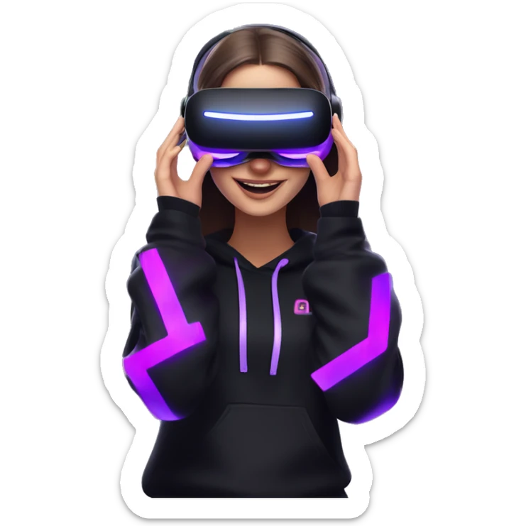 Russian girl wearing black hoody with violet letters "OMG", in vr headset oculus quest2. Dancing. Cyberpunk style. Violet neon. sticker