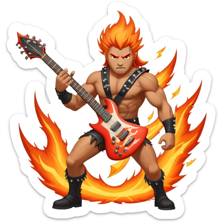 An icon showing a rock musician wielding a guitar in an epic battle, inspired by Brutal Legend. The design features fiery backgrounds, musical notes floating in the air, and electrifying stage lights, capturing the power of music and combat. Transparent background highlights the energy. sticker