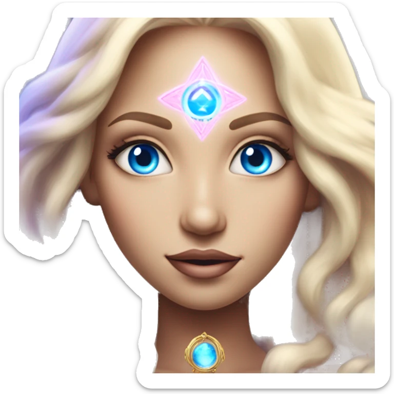 magical diva with thin pink andromedan face long blonde hair and blue eyes glowing third eye sticker