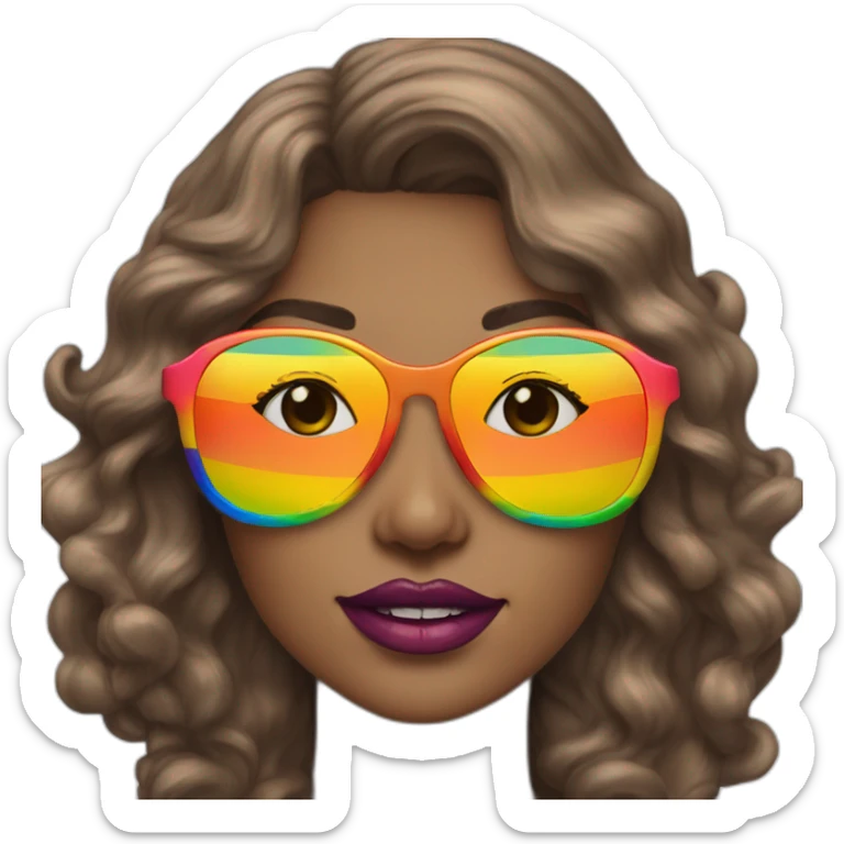 gay pride sunglasses on female head with wavy brown hair and rainbow lipstick sticker
