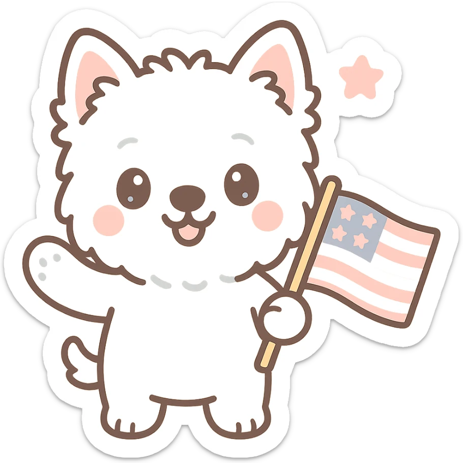 West Highland White Terrier (Westie) holding and waving an American flag, kawaii cute style sticker