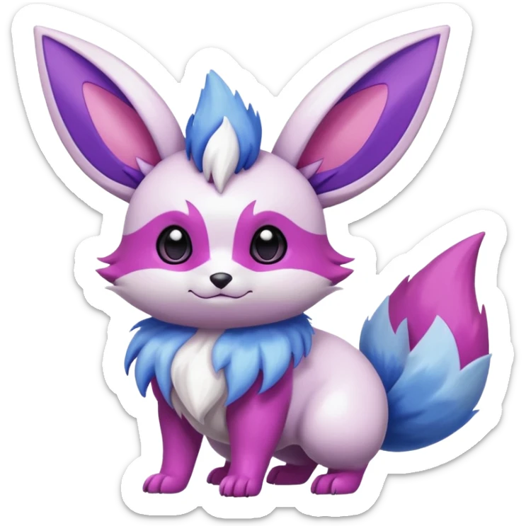 Shiny White with Violet and Indigo and pink markings Eevee-Minccino-Zangoose-Pokémon-Digimon-Fakémon-fusion-hybrid-creature sticker