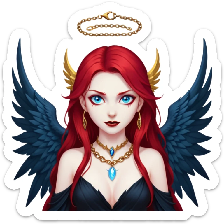 half body portrait of an extremely diabolical girl with pale white skin, massive towering wings, very long flowing blood red hair, glowing blue eyes, black hellfire aura, no horns, evil grin, gold necklace sticker