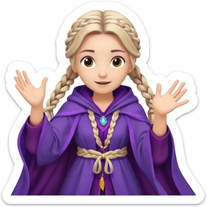 A playful mage girl with braids, purple cloak, and magic swirling around her hands.
 sticker